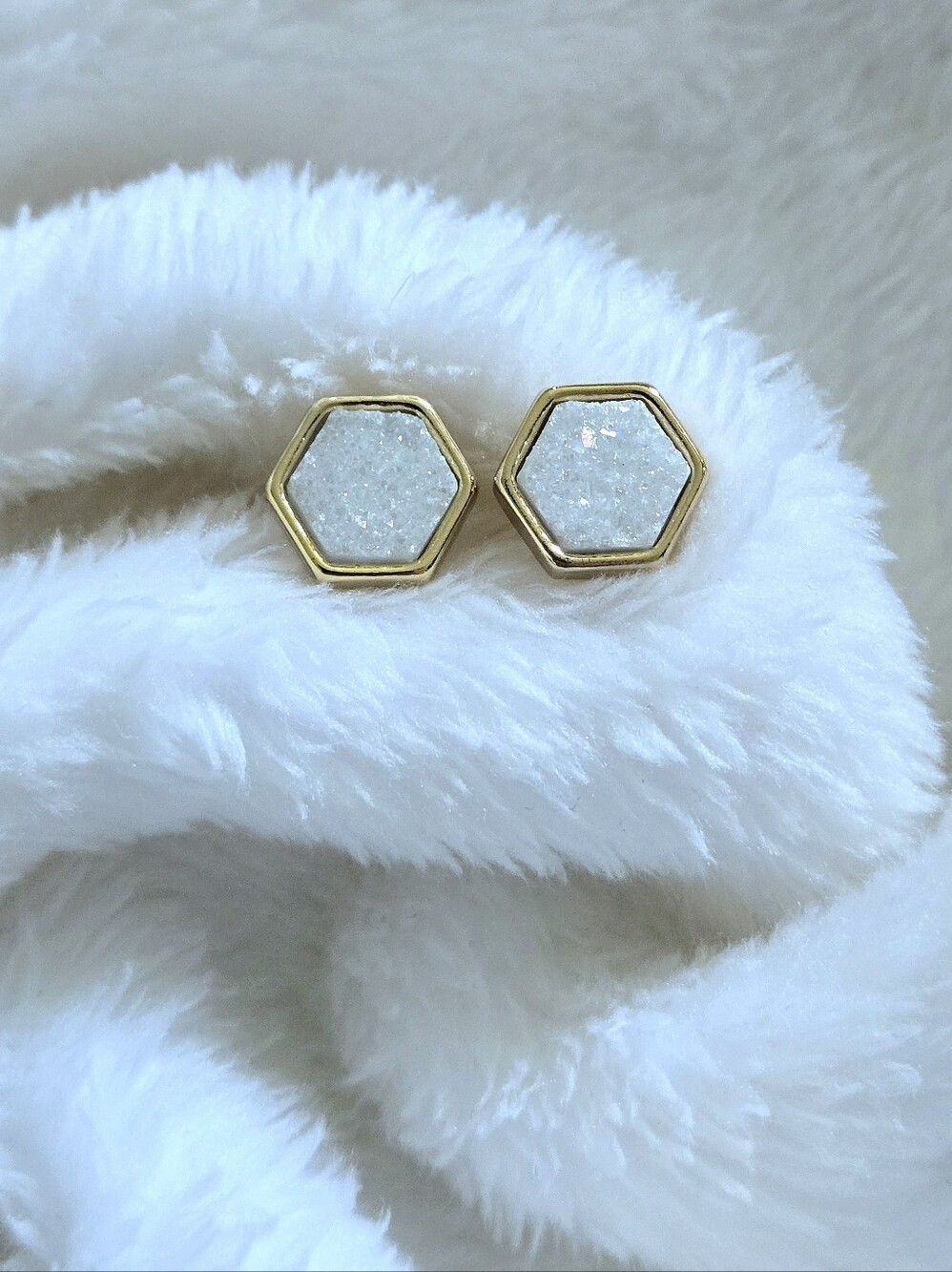 Luna🌙 Norte White Druzy Quartz Hexagon Earrings - Picture 16 of 16